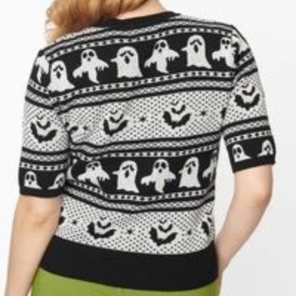 NWT Unique Vintage Black Black & Grey Ghost Delight Fair Isle Knit Top 3x - Picture 3 of 9